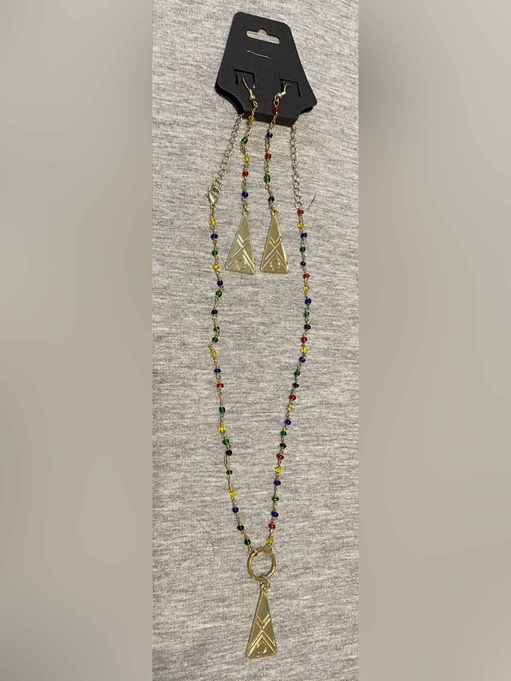Gold Triangle Pendant Necklace with Multicolor Beaded Chain- Matching Earrings